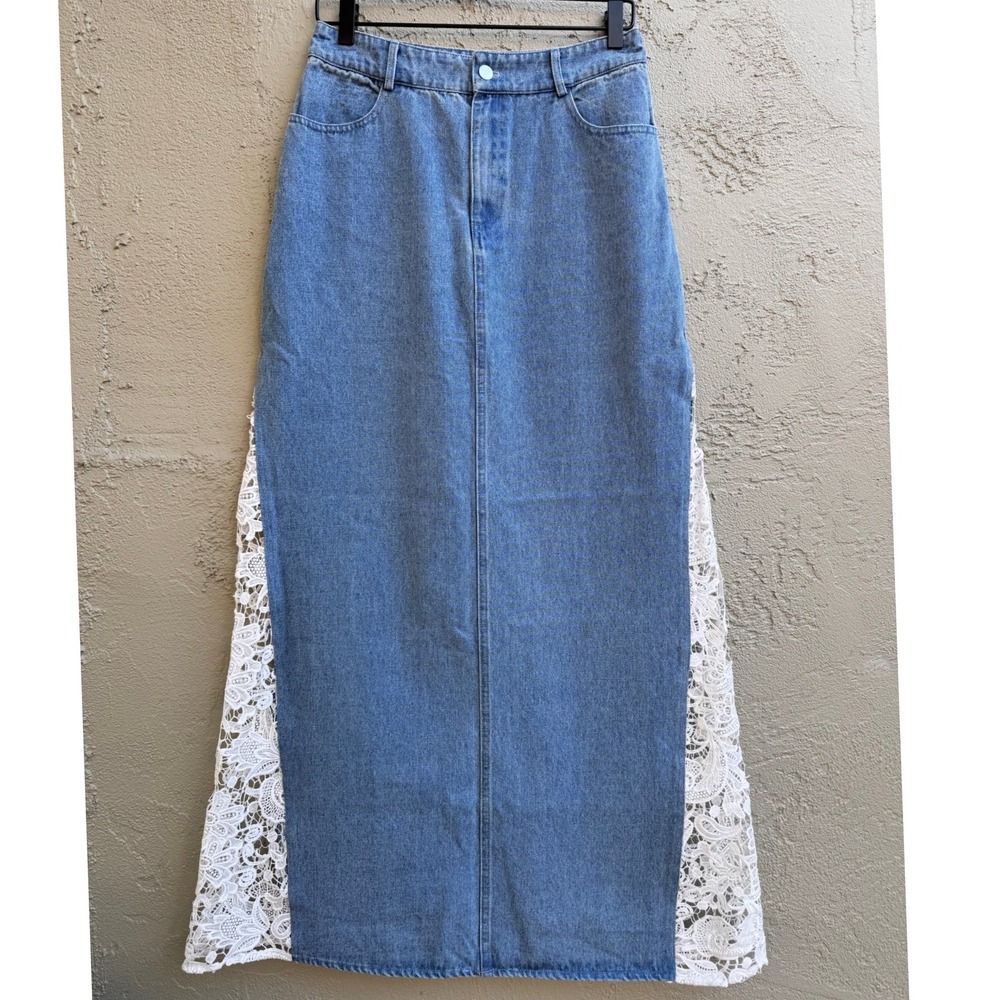 Blue Blush Blue White Lace Denim Long Skirt SMALL Pockets Cottagecore Festival